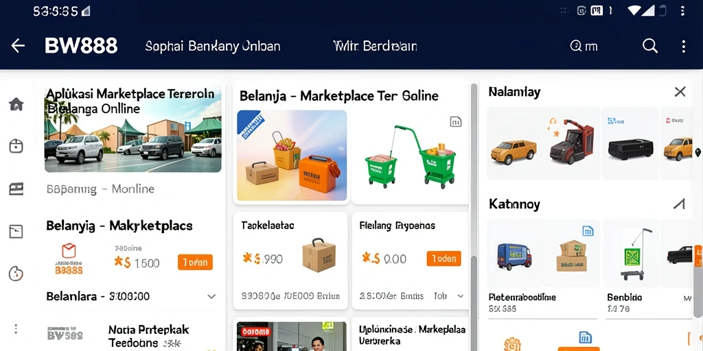 Screenshot antarmuka BW888 yang menunjukkan fitur utama aplikasi Marketplace.